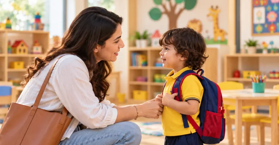 Parent preparing child for nursery readiness