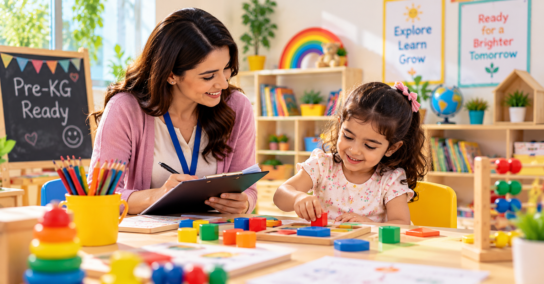 Little Feet Nursery teacher observing a child's readiness for Pre-KG in Sharjah
