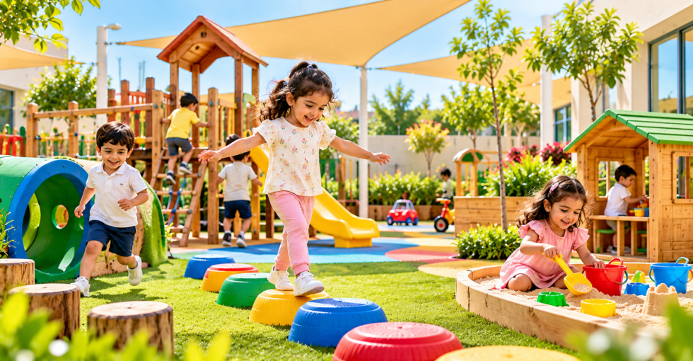 Children enjoying outdoor play space at Little Feet Nursery in Sharjah