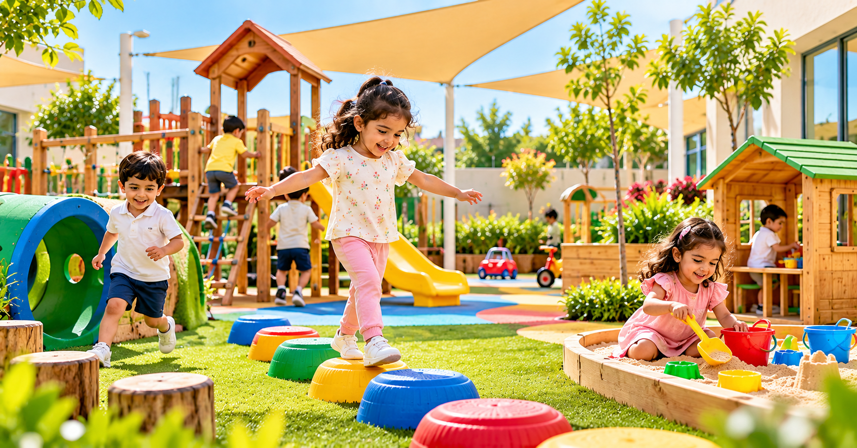 Children enjoying outdoor play space at Little Feet Nursery in Sharjah